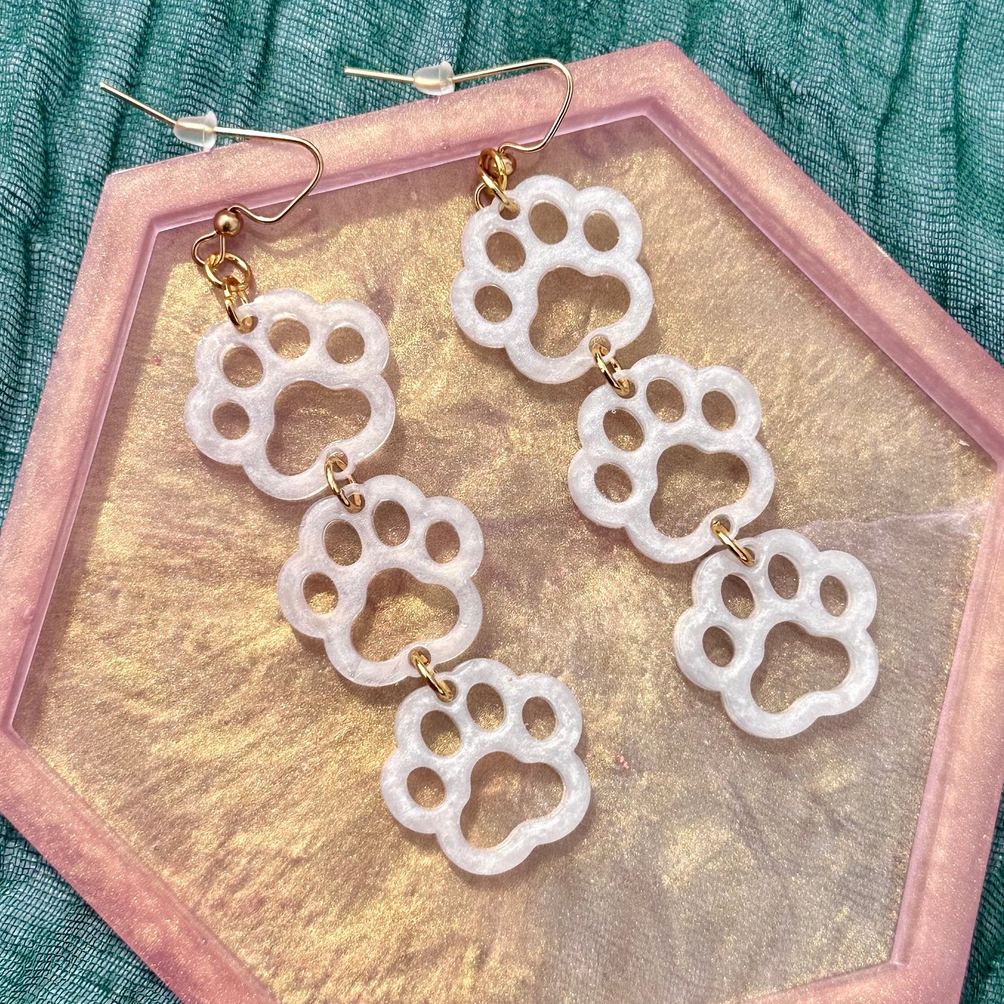 Triple Paw Print Earrings - White