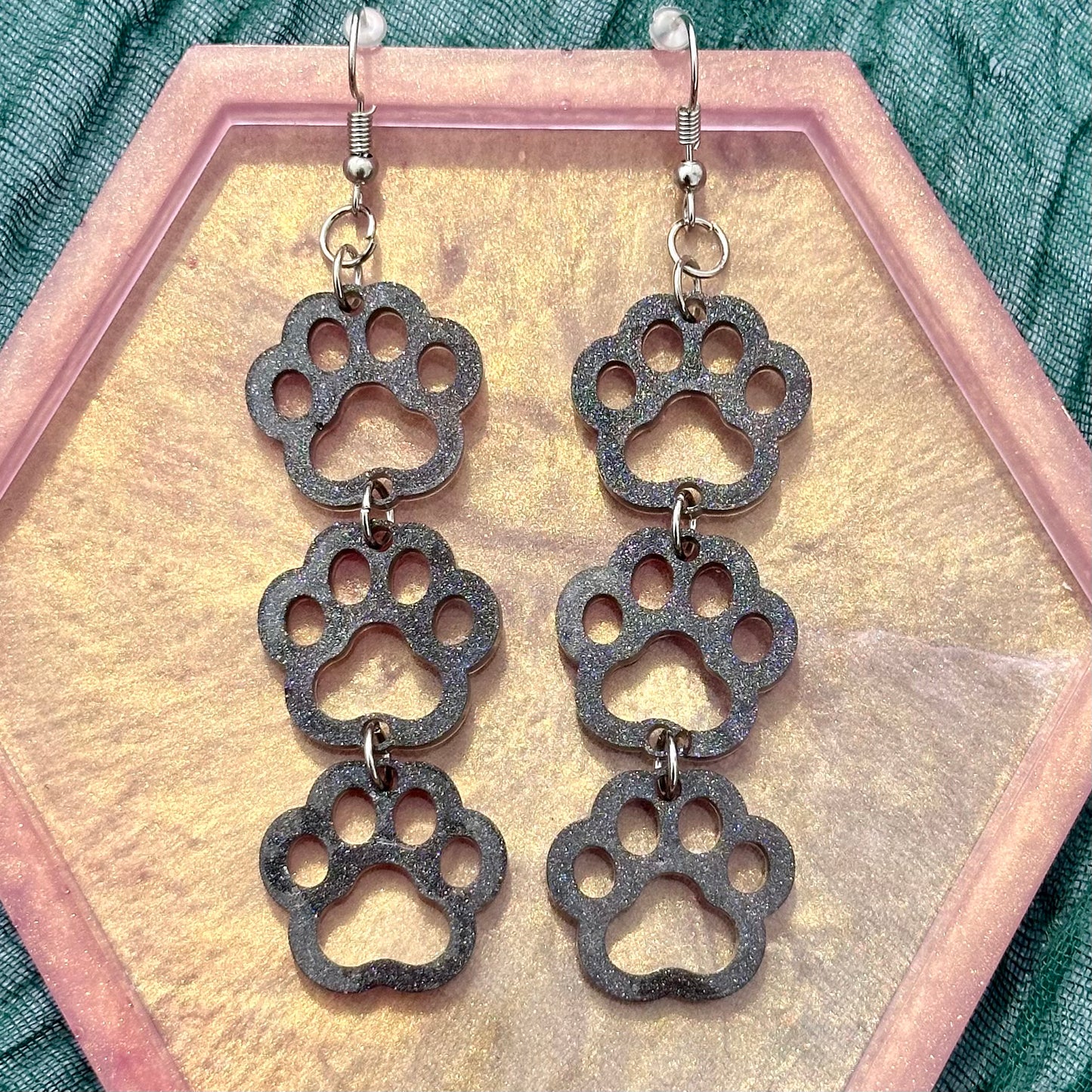 Triple Paw Print Earrings - Gray